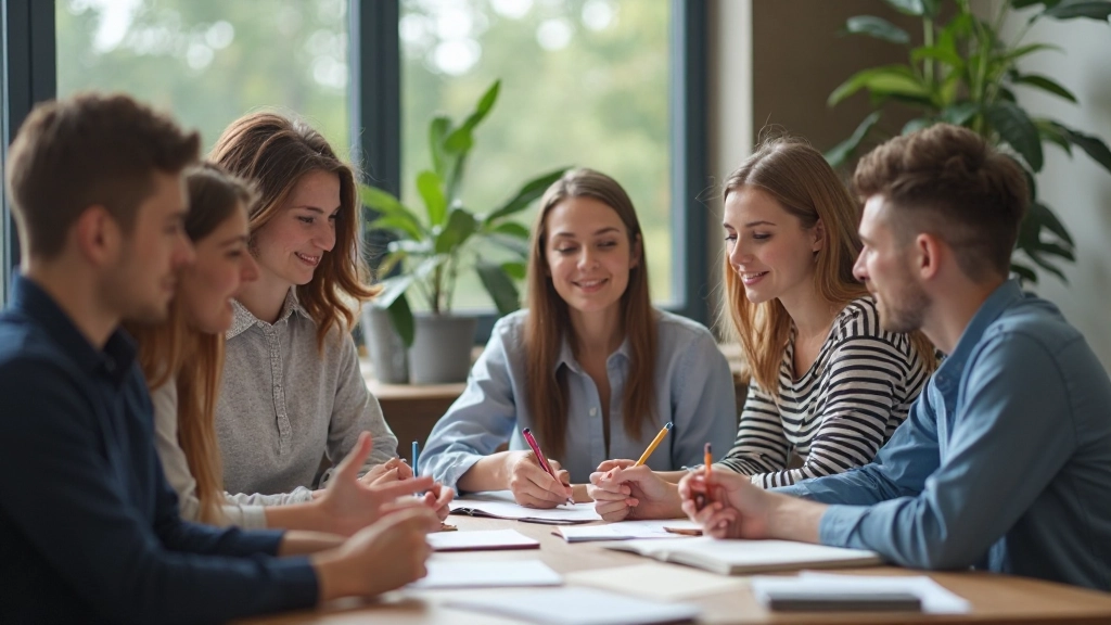Skupina študentov študuje s učiteľom v akademickom jazykovom centre s modernými učebnými pomôckami