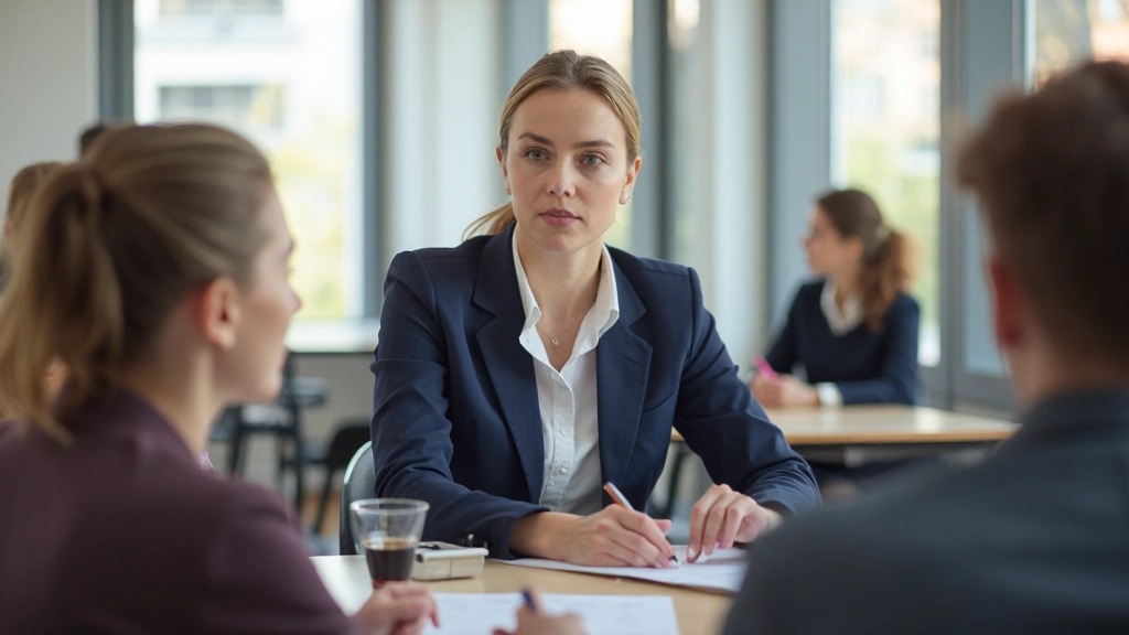 Učiteľ angličtiny učí skupinu študentov v modernej jazykovej učebni s interaktívnymi pomôckami